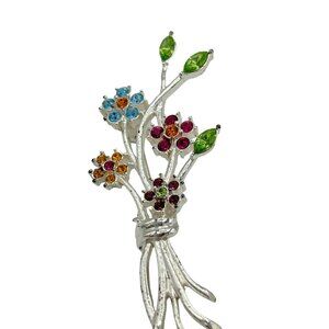 Flower Bouquet Fashion Pin Brooch Multicolor Crystals Silver tone
